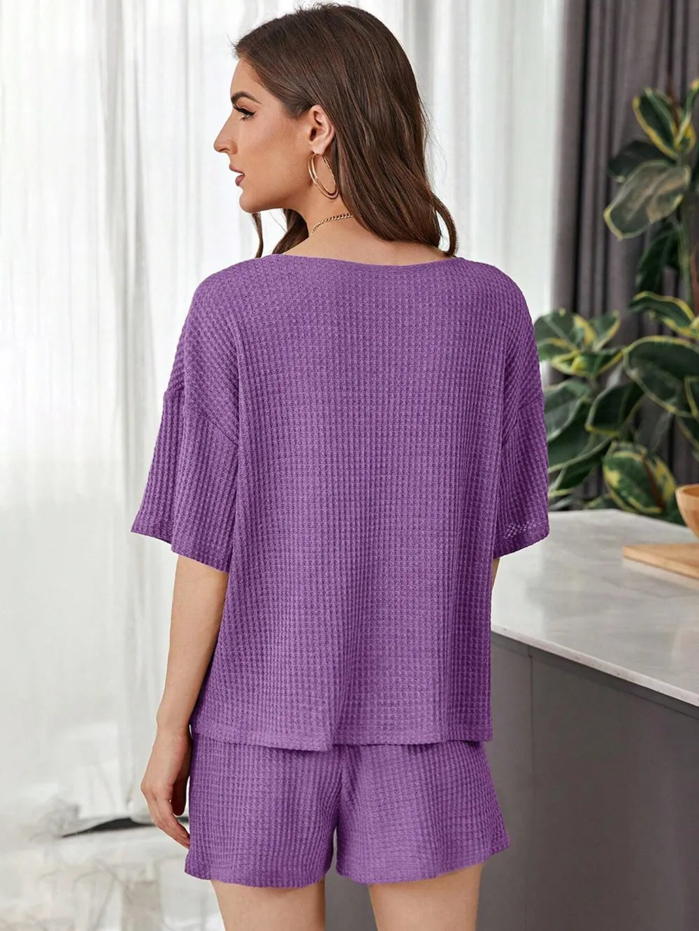 Full Size Waffle-knit Dropped Shoulder Top Shorts Set (26)