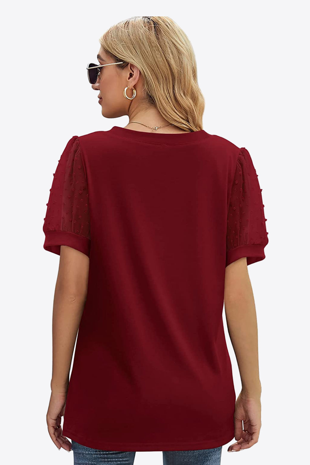 Swiss Dot Puff Sleeve V-neck Tee (32)