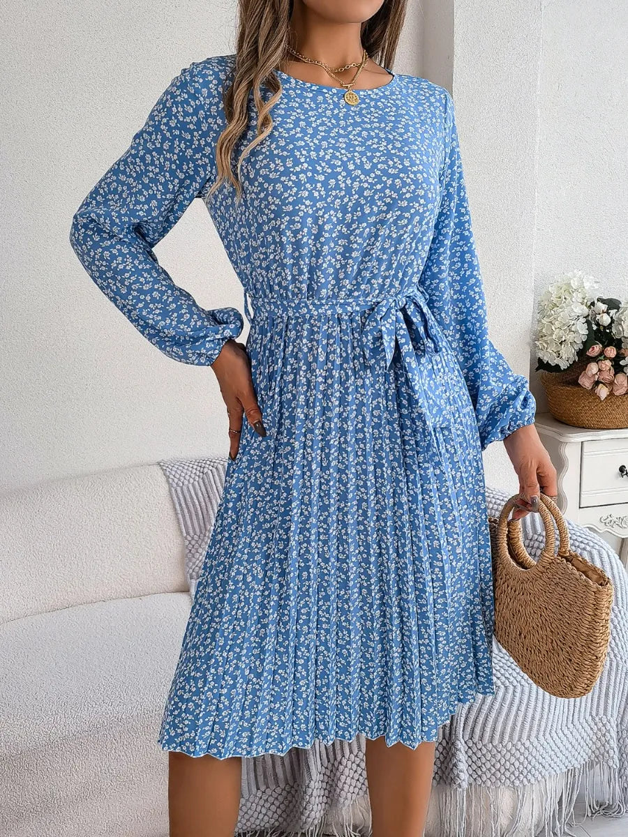 Ditsy Floral Tie Waist Pleated Dress (3)