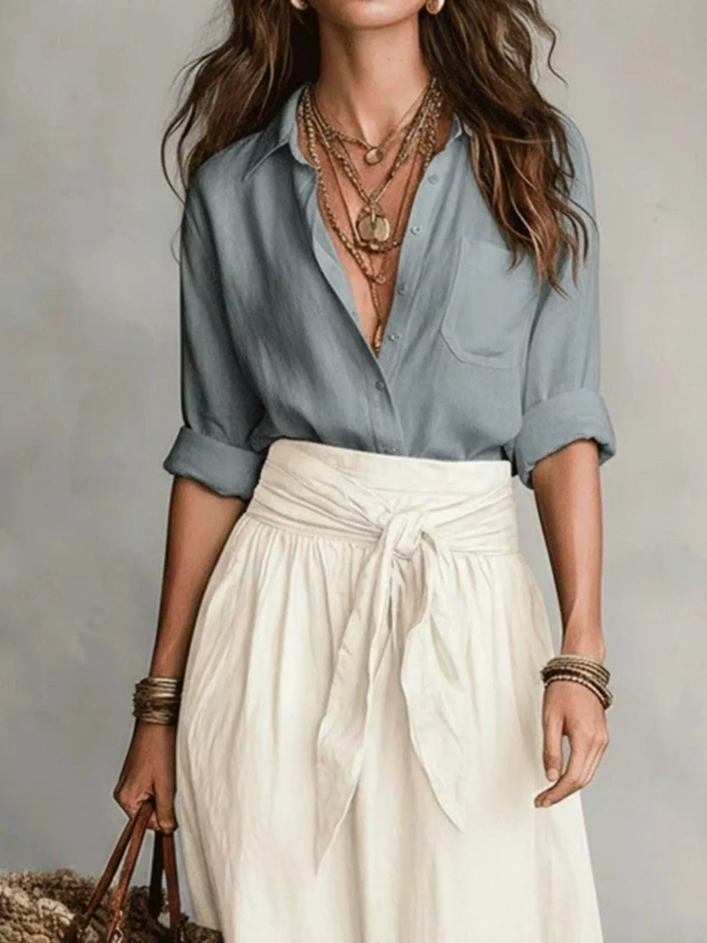 Full Size Button-down Shirt Skirt Set Plus (8)