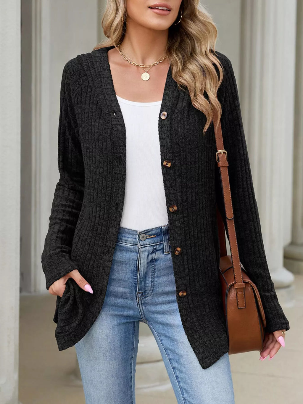 Ribbed Knit Hooded Button-down Cardigan (7)