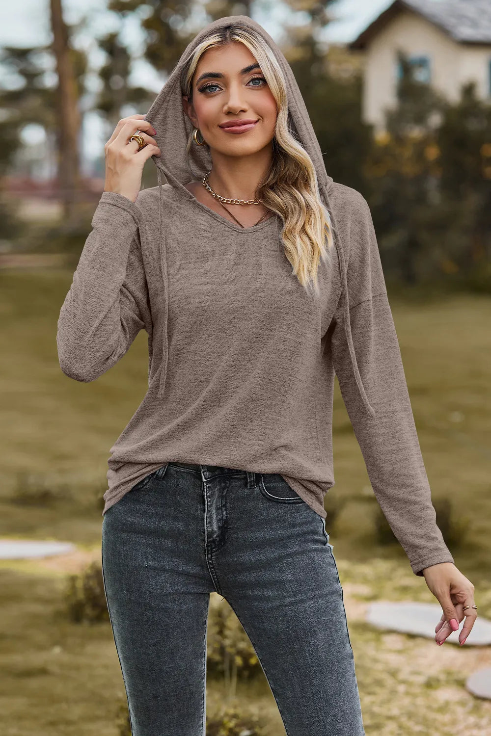 Drawstring Dropped Shoulder Hooded T-shirt (19)