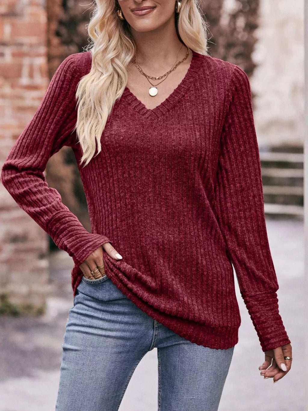 V-neck Ribbed Knit Long Sleeve T-shirt (10)