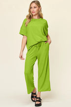 Round Neck Short Sleeve Wide Leg Pants