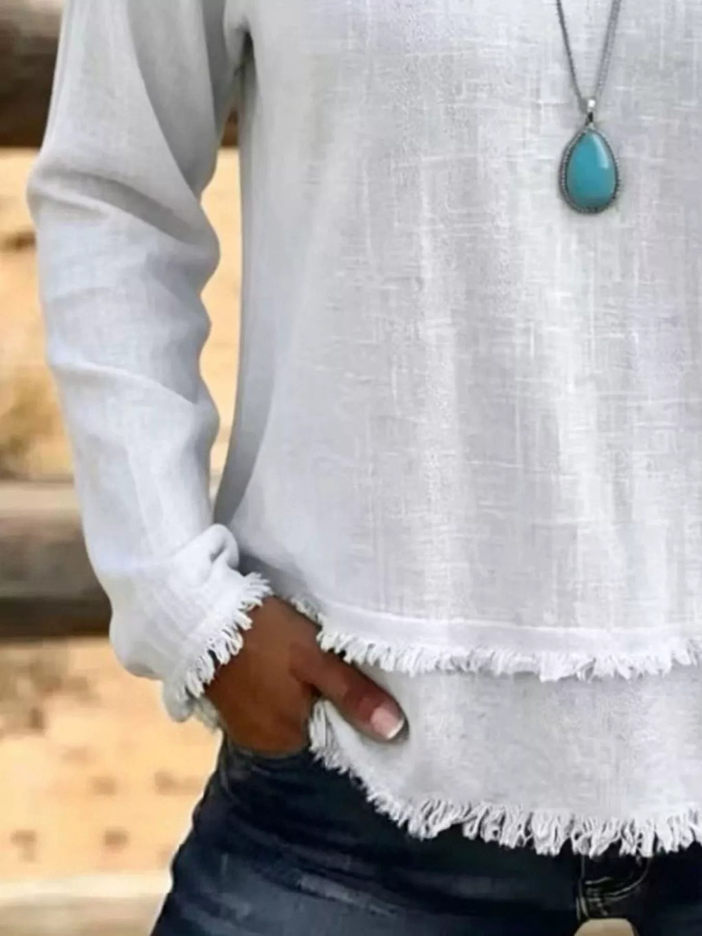 V-neck Long Sleeve Blouse Frayed Hem Detail (9)