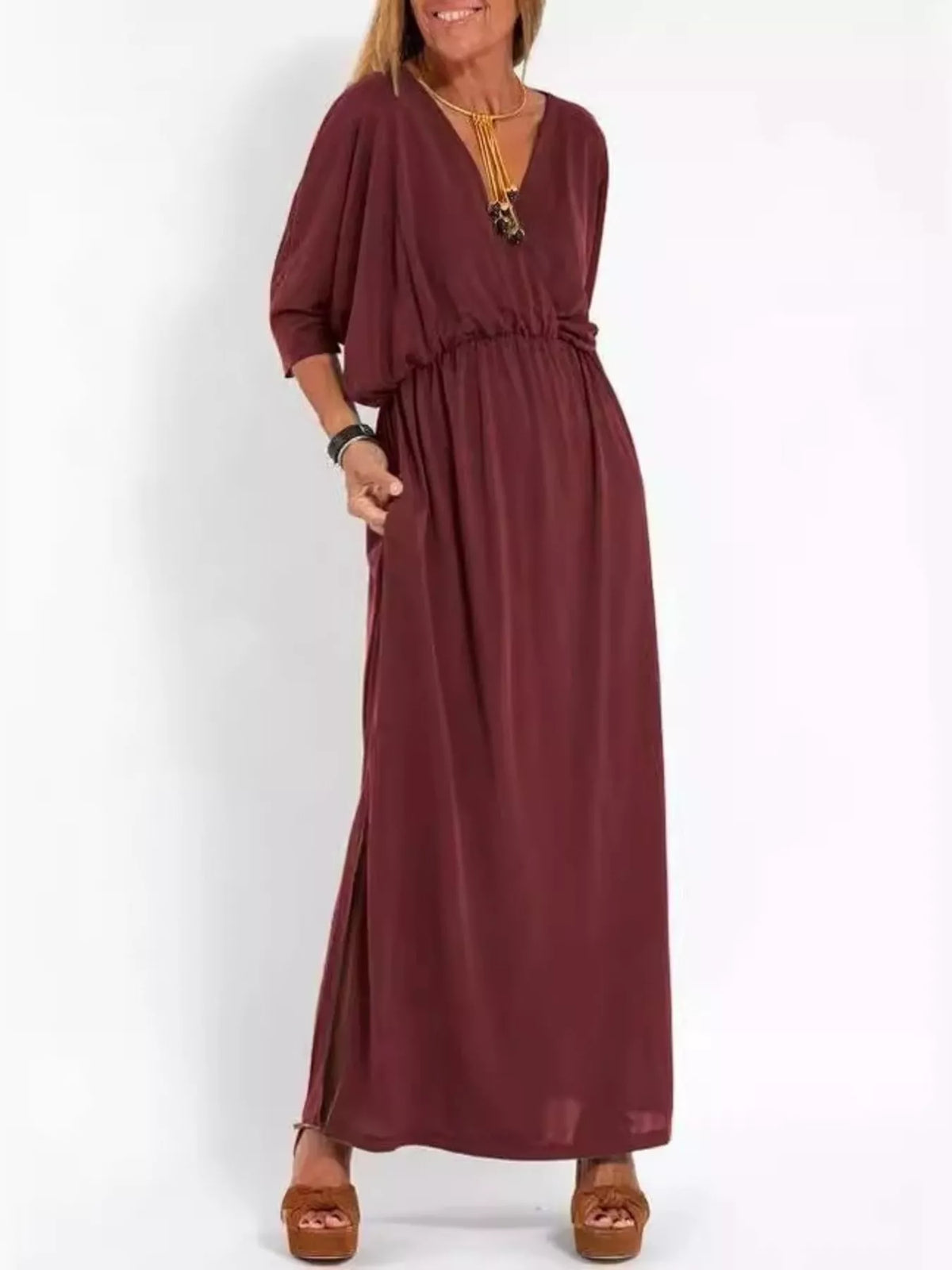 Full Size V-neck Batwing Sleeve Maxi Dress Side Slits Plus (9)