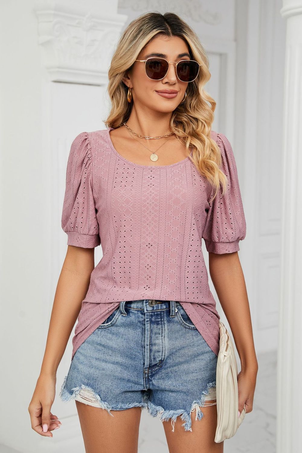 Eyelet Puff Sleeve Round Neck Top (4)