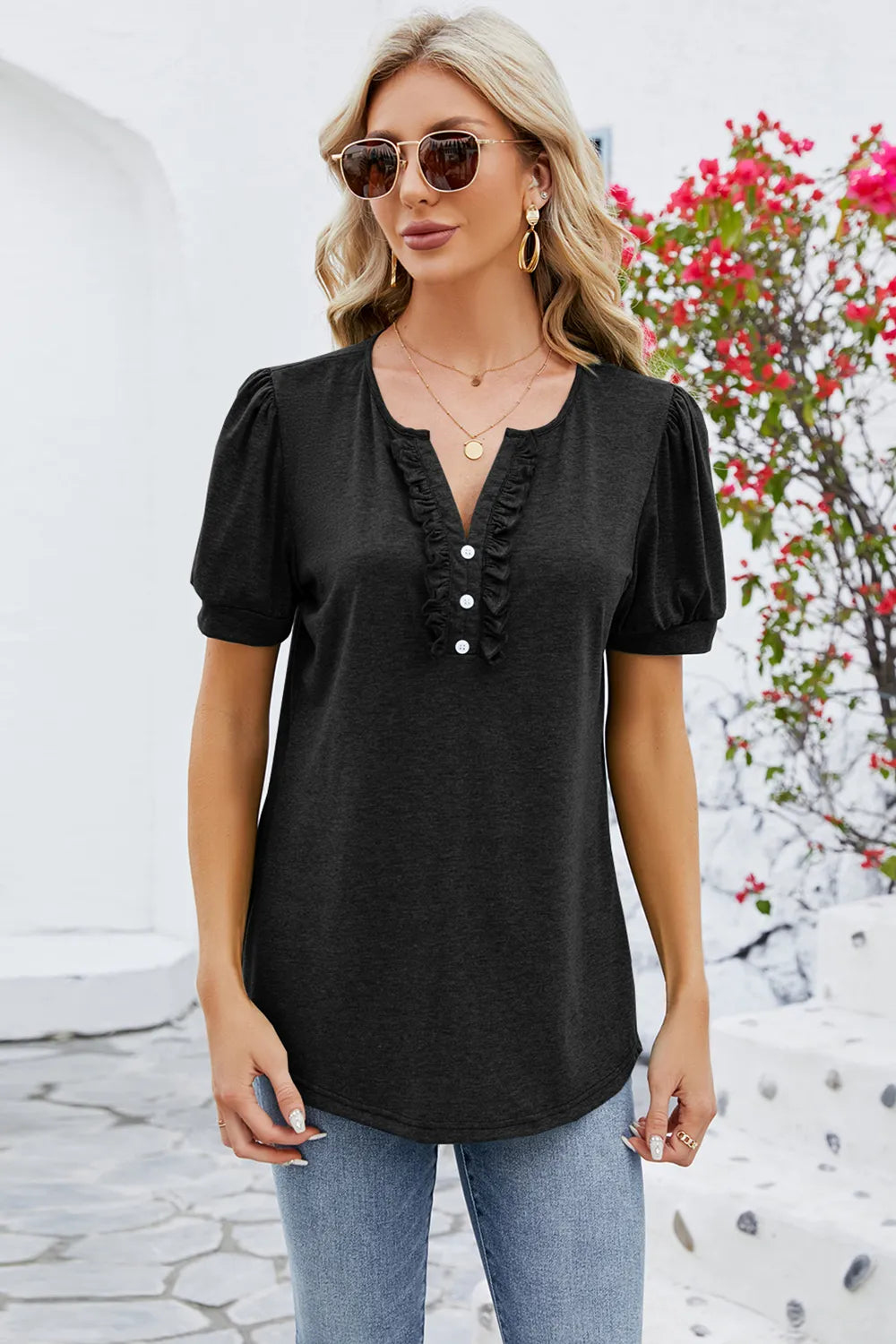 Frill Notched Short Sleeve Blouse (3)