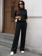 Ribbed Turtleneck Dropped Shoulder Top Pants Sweater Set (27)