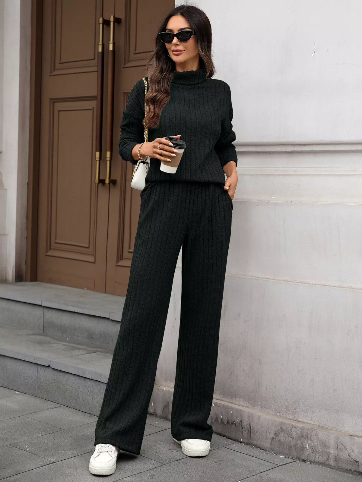 Ribbed Turtleneck Dropped Shoulder Top Pants Sweater Set (27)