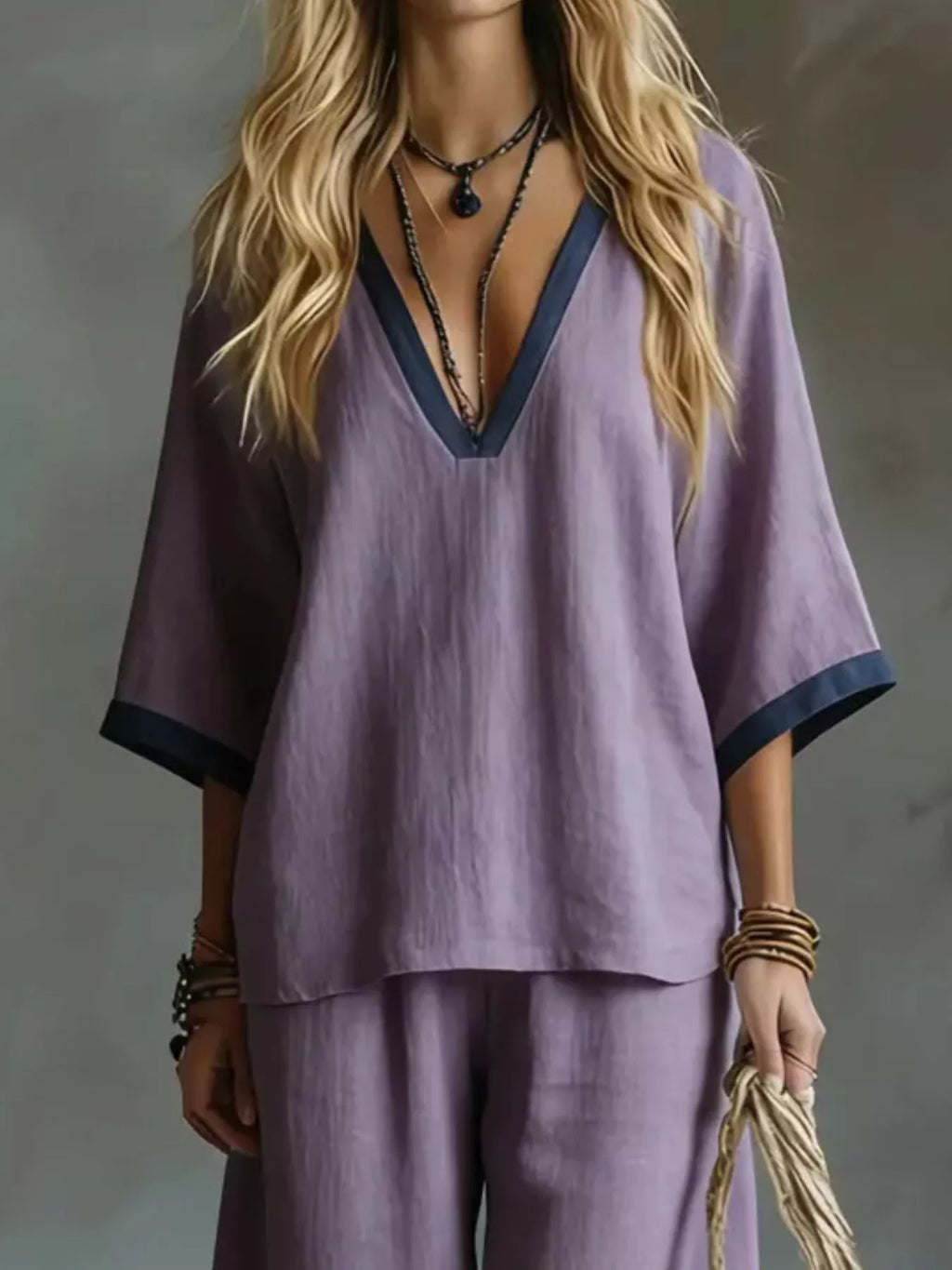 Contrast Trim V-neck Top Pants Set (8)