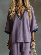 Contrast Trim V-neck Top Pants Set (8)