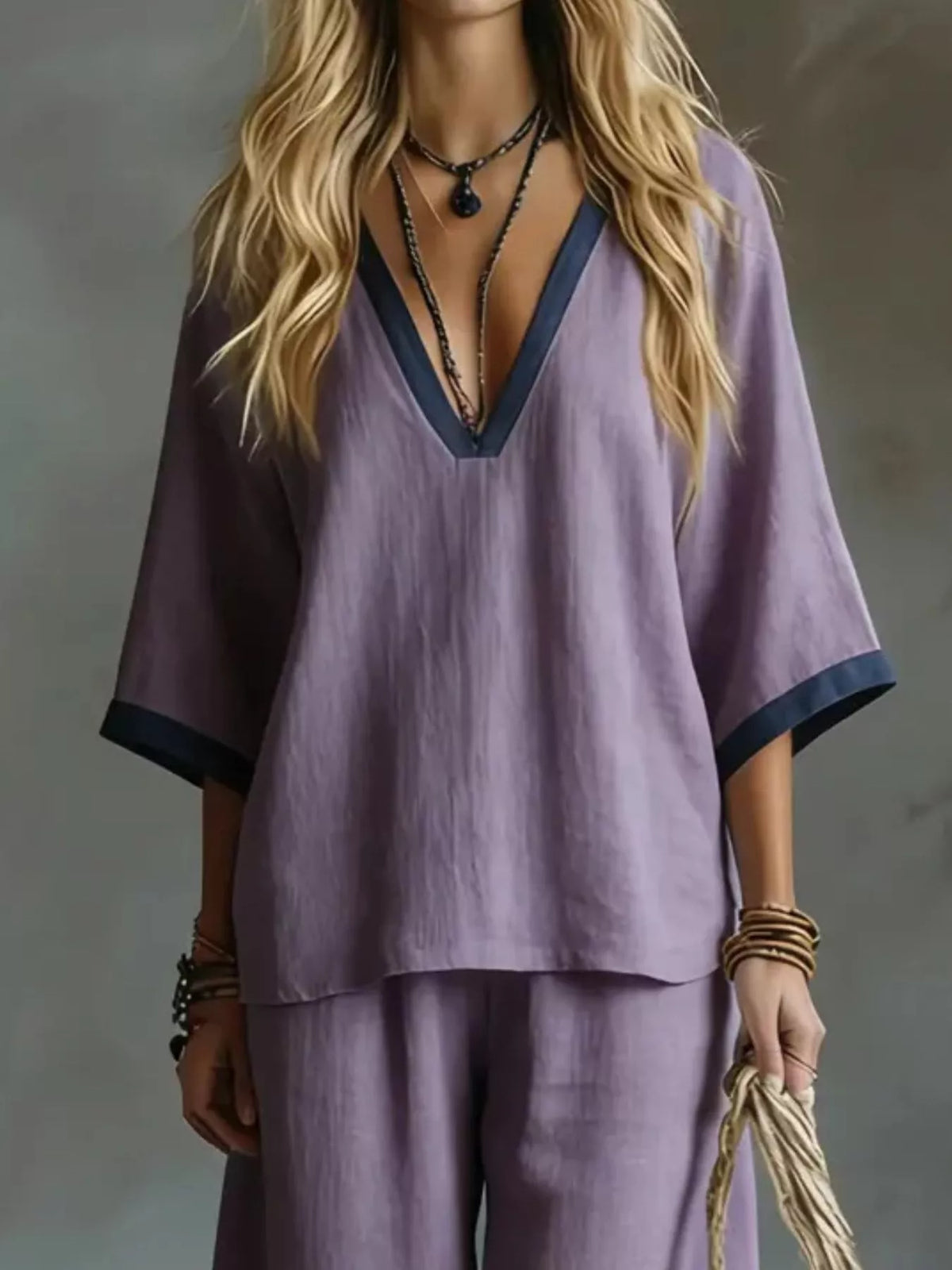 Contrast Trim V-neck Top Pants Set (8)