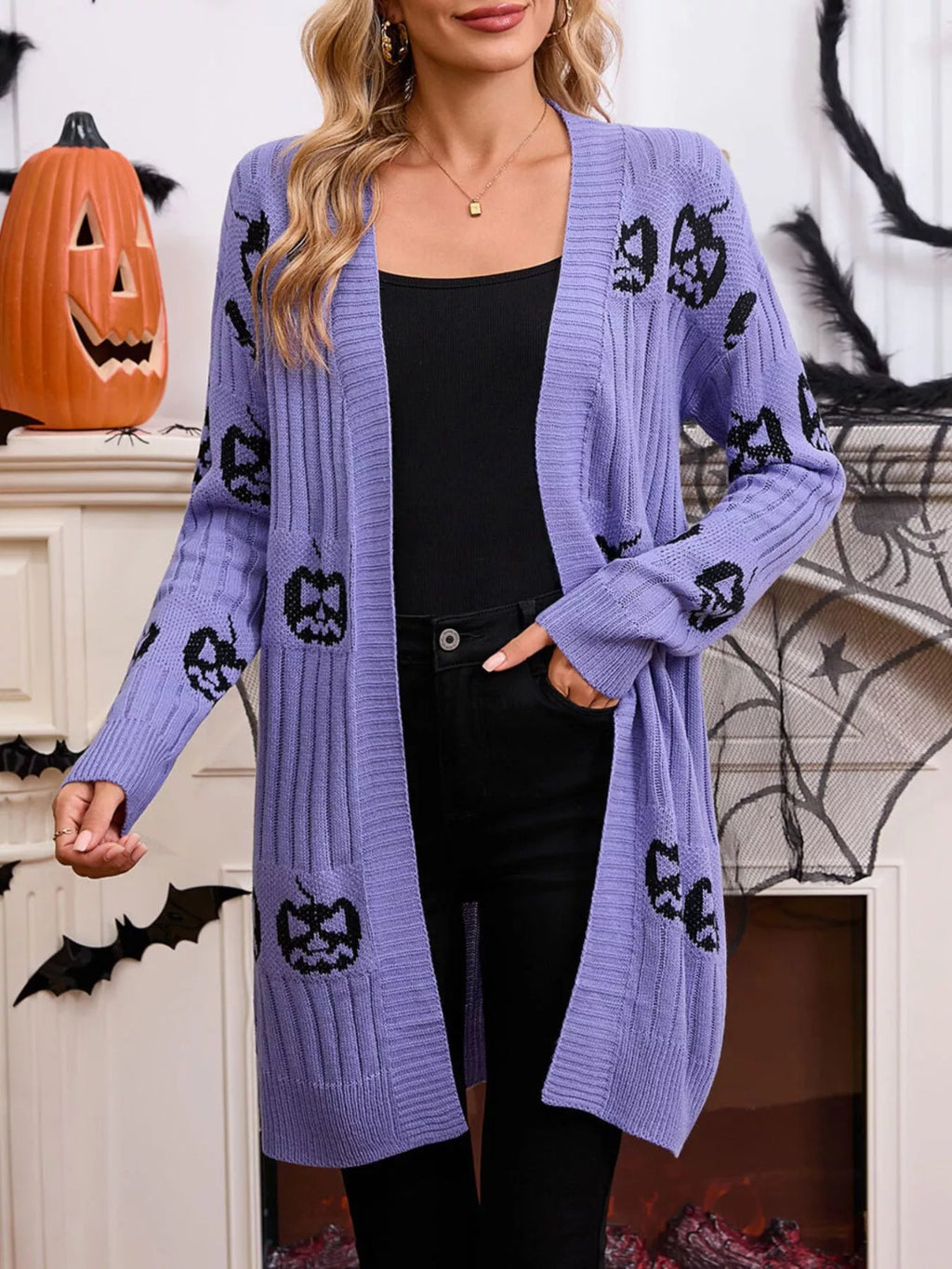 Halloween Pumpkin Open Front Knit Cardigan (12)