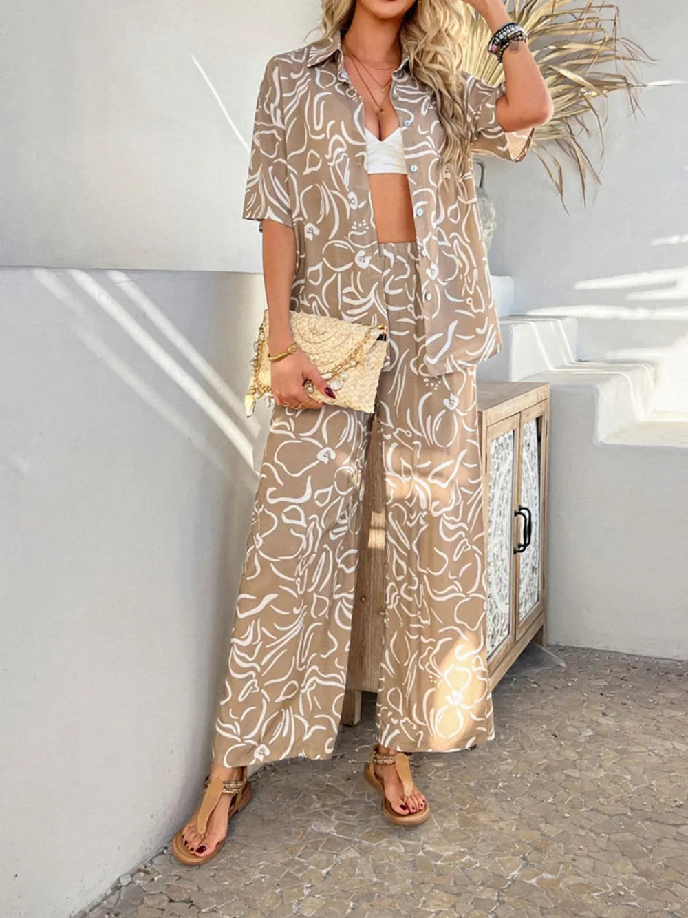 Printed Button Down Shirt Pants Set (22)