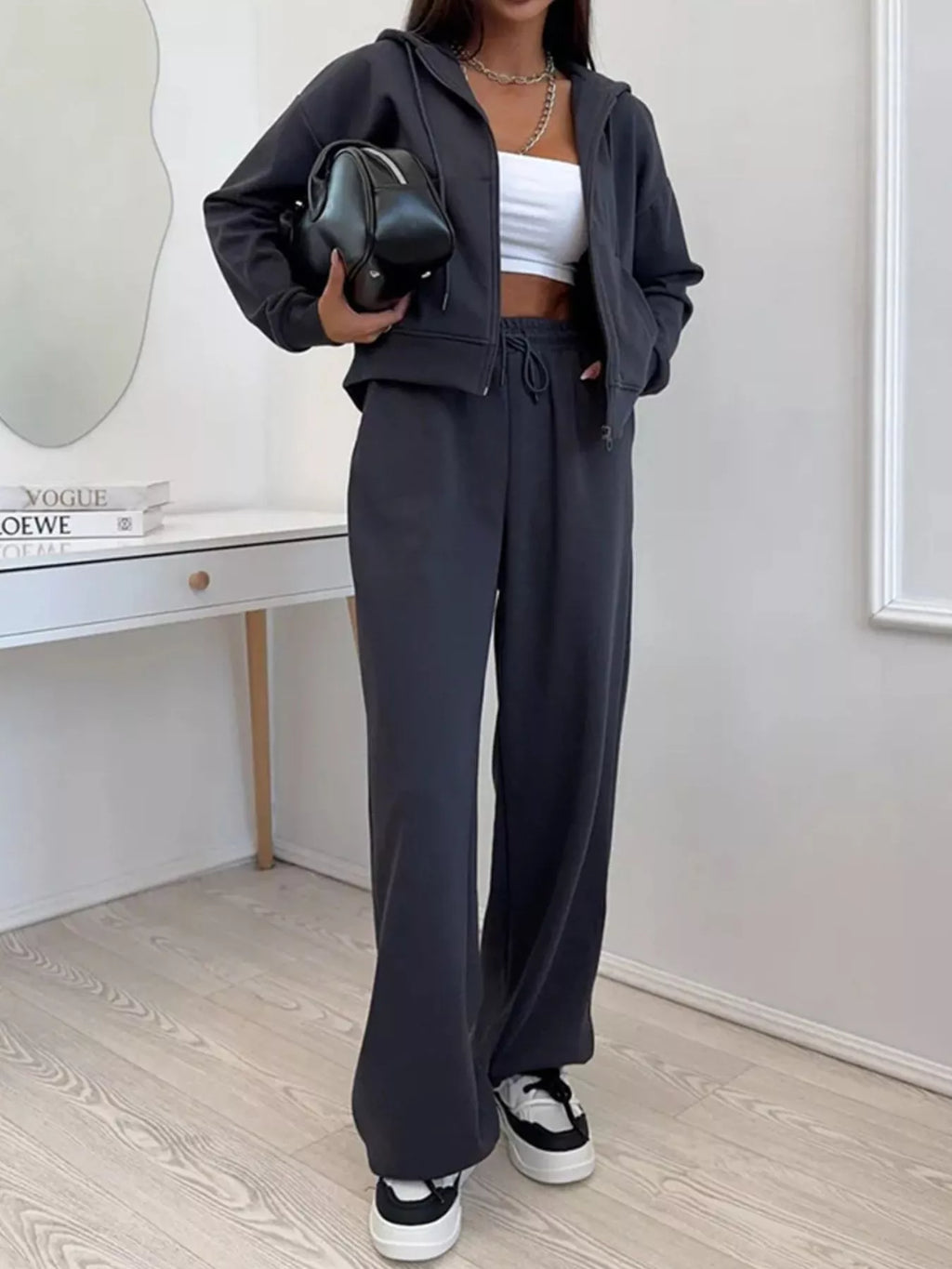 Zip-up Hoodie Wide-leg Pants Set (17)