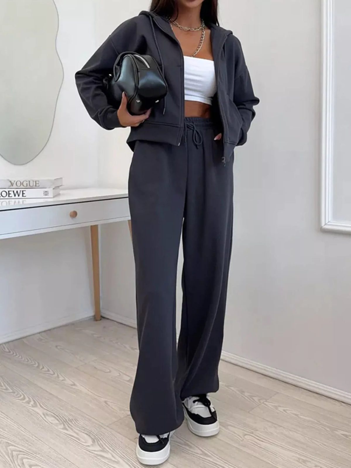 Zip-up Hoodie Wide-leg Pants Set (17)