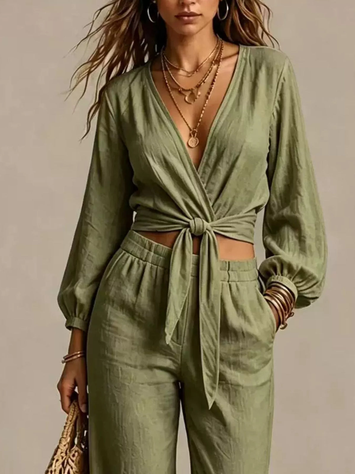 Tie-front Crop Top Wide-leg Pant Set (4)