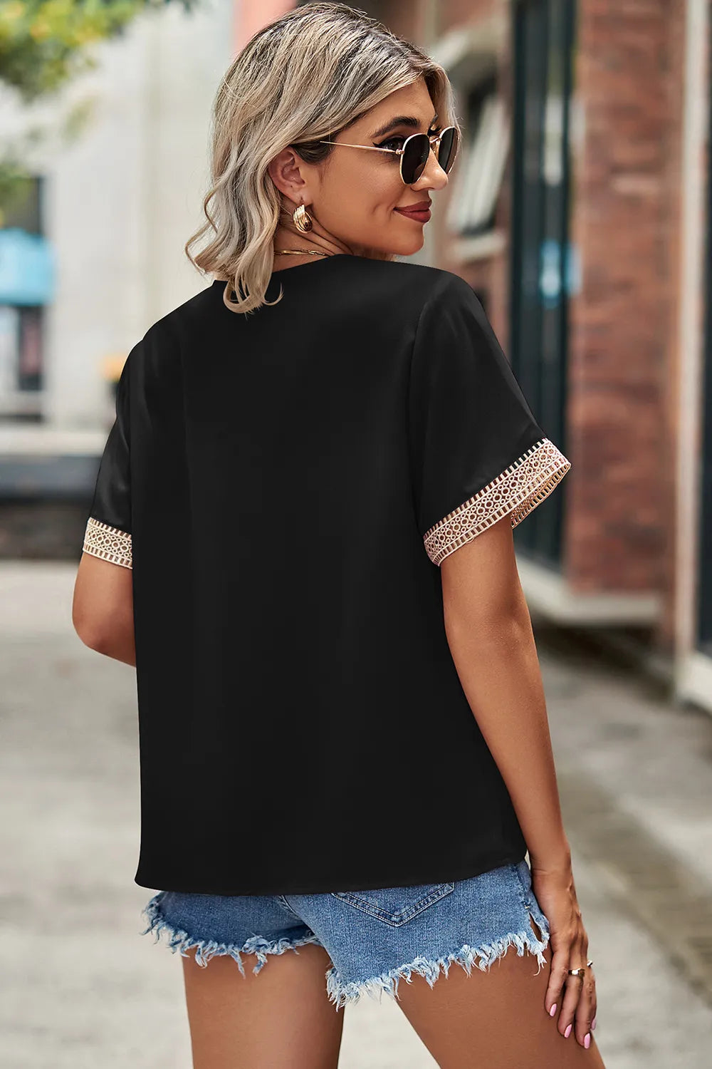 Openwork V-neck Short Sleeve T-shirt (9)