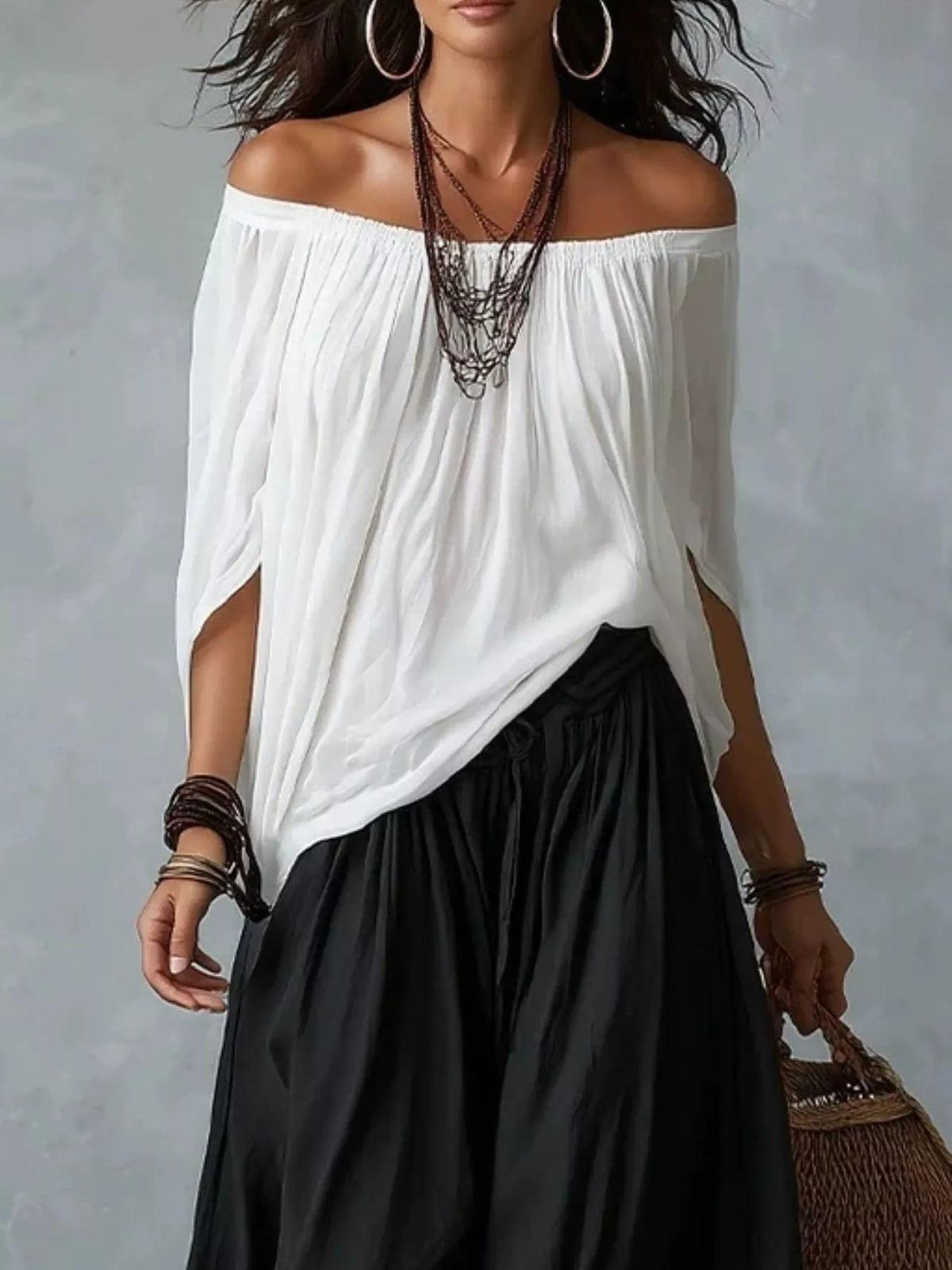 Full Size Off-shoulder Top Wide-leg Harem Pants Set Plus (4)