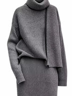 Ribbed Turtleneck Sweater Set Matching Midi Skirt (5)