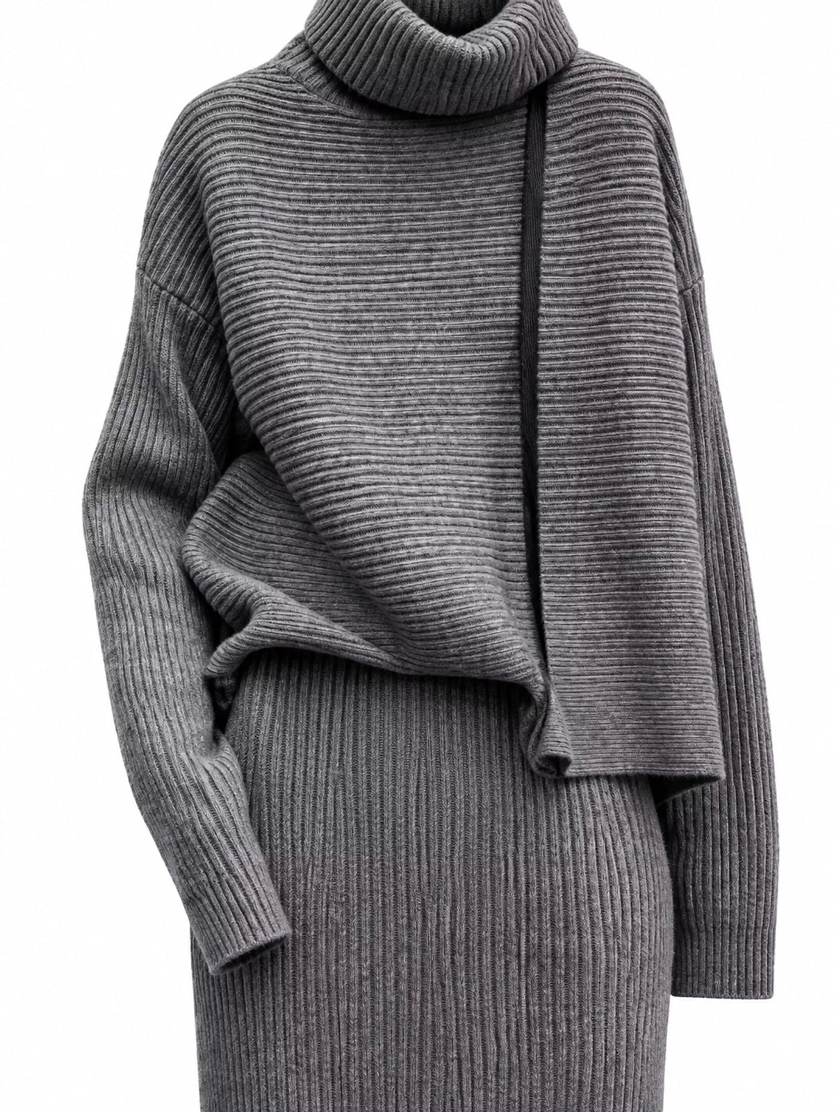 Ribbed Turtleneck Sweater Set Matching Midi Skirt (5)