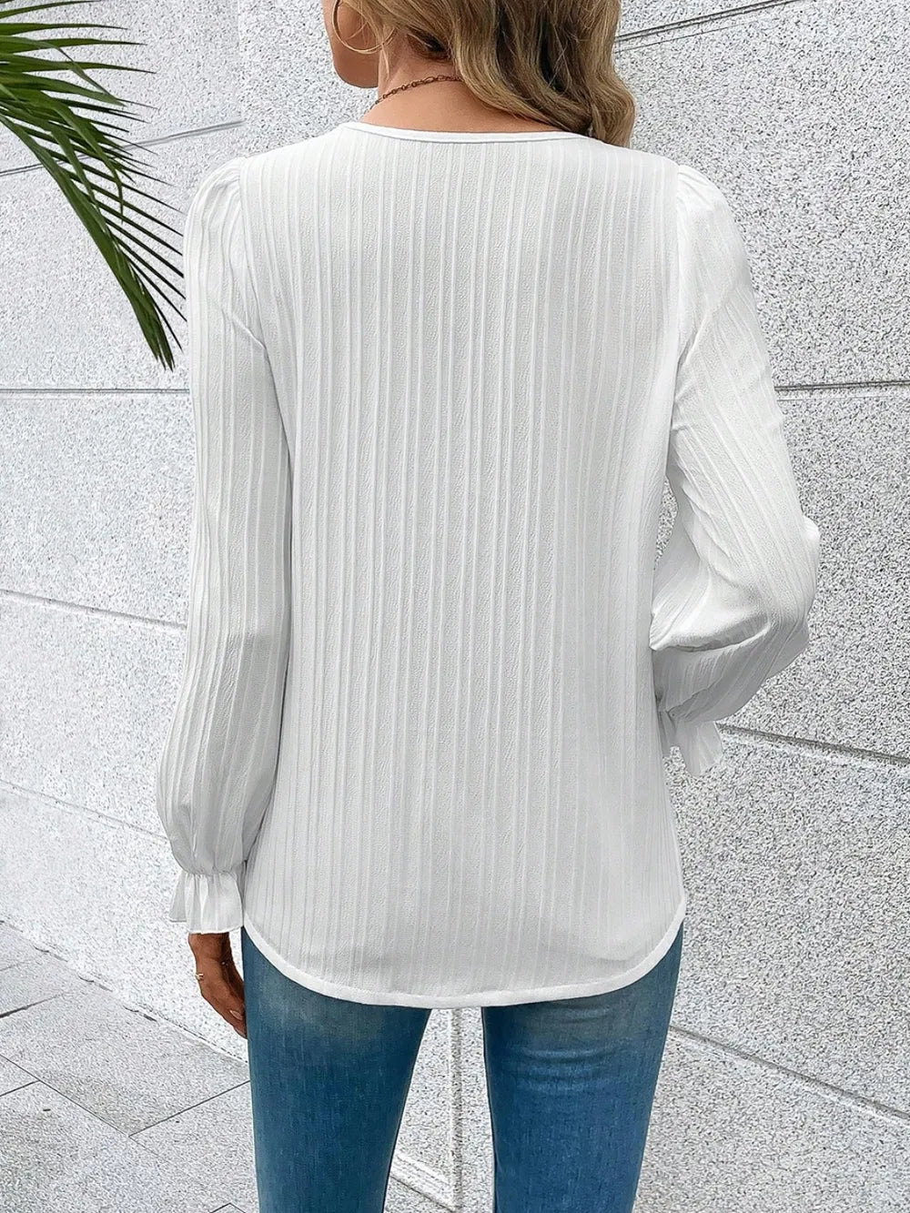 V-neck Lace Detail Flounce Sleeve Blouse (2)