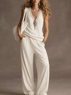 Sleeveless V-neck Tank Wide-leg Pants Set (4)