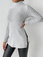 Ribbed Turtleneck Long Sleeve Slit T-shirt (4)