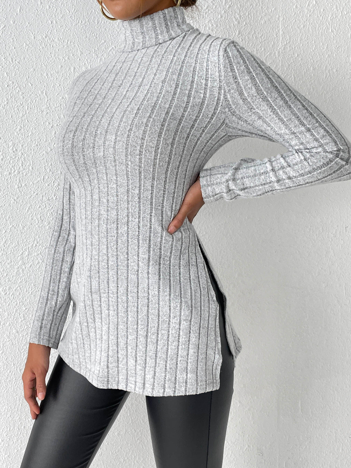 Ribbed Turtleneck Long Sleeve Slit T-shirt (4)