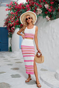 Striped Openwork Cropped Tank Split Skirt Set (16)