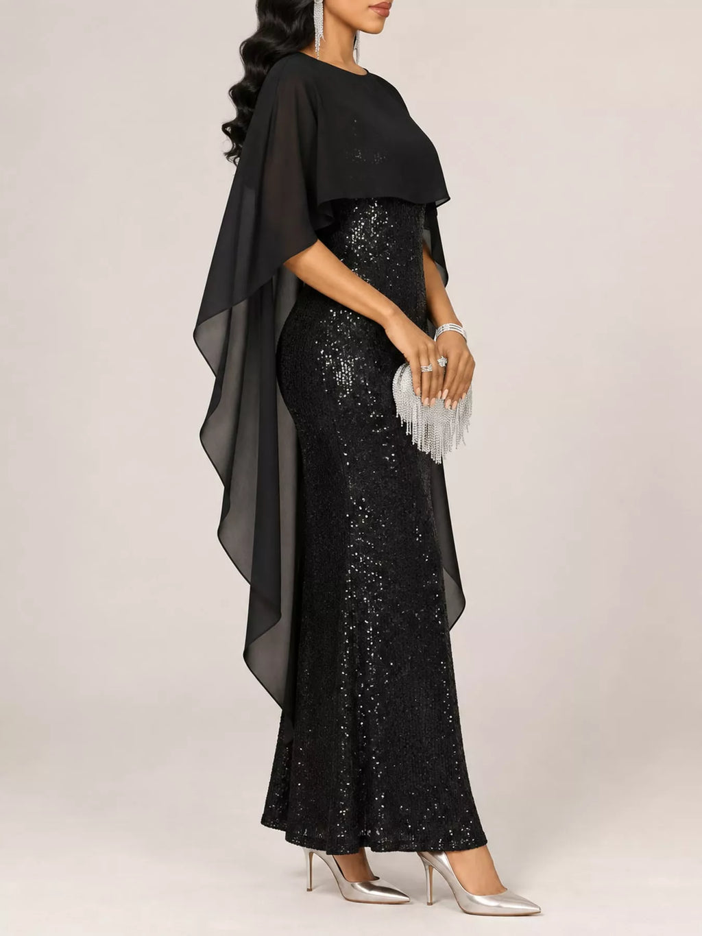 Sequin Cape Overlay Evening Dress (10)