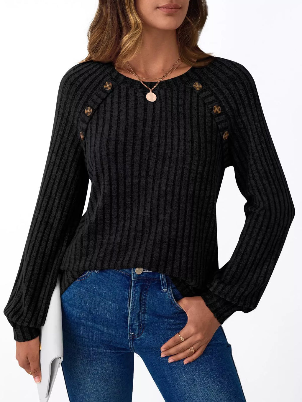 Ribbed Knit Decor Button Long Sleeve T-shirt (10)