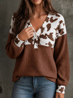 Cow Print Block Waffle Knit Blouse (14)