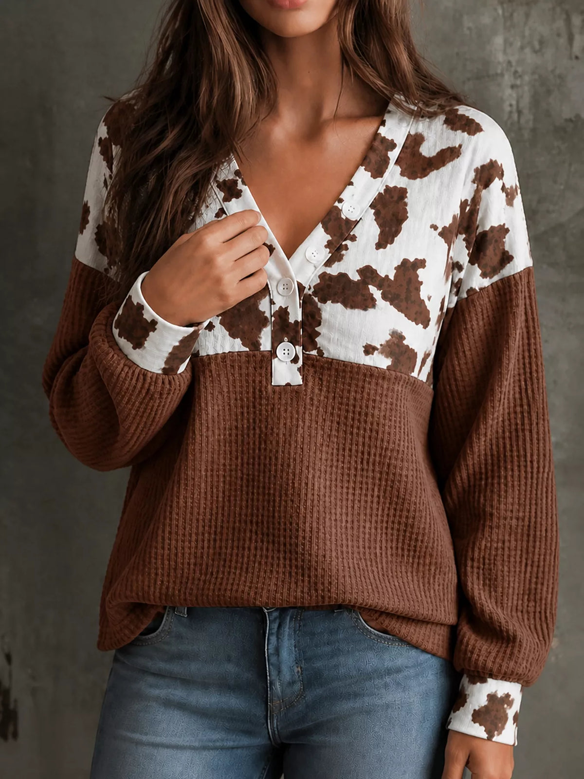 Cow Print Block Waffle Knit Blouse (14)