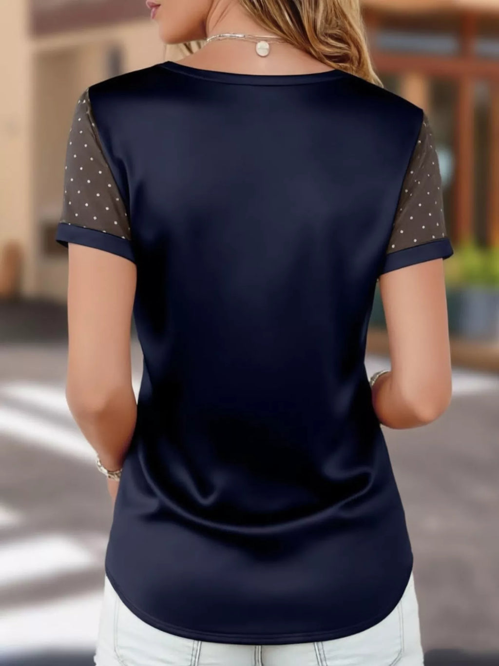 Polka Dot Mesh Sleeve Satin Short Sleeve Top (2)