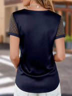 Polka Dot Mesh Sleeve Satin Short Sleeve Top (2)