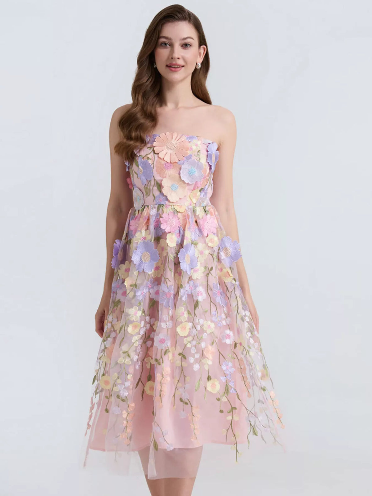 Floral Applique Strapless Midi Dress (10)