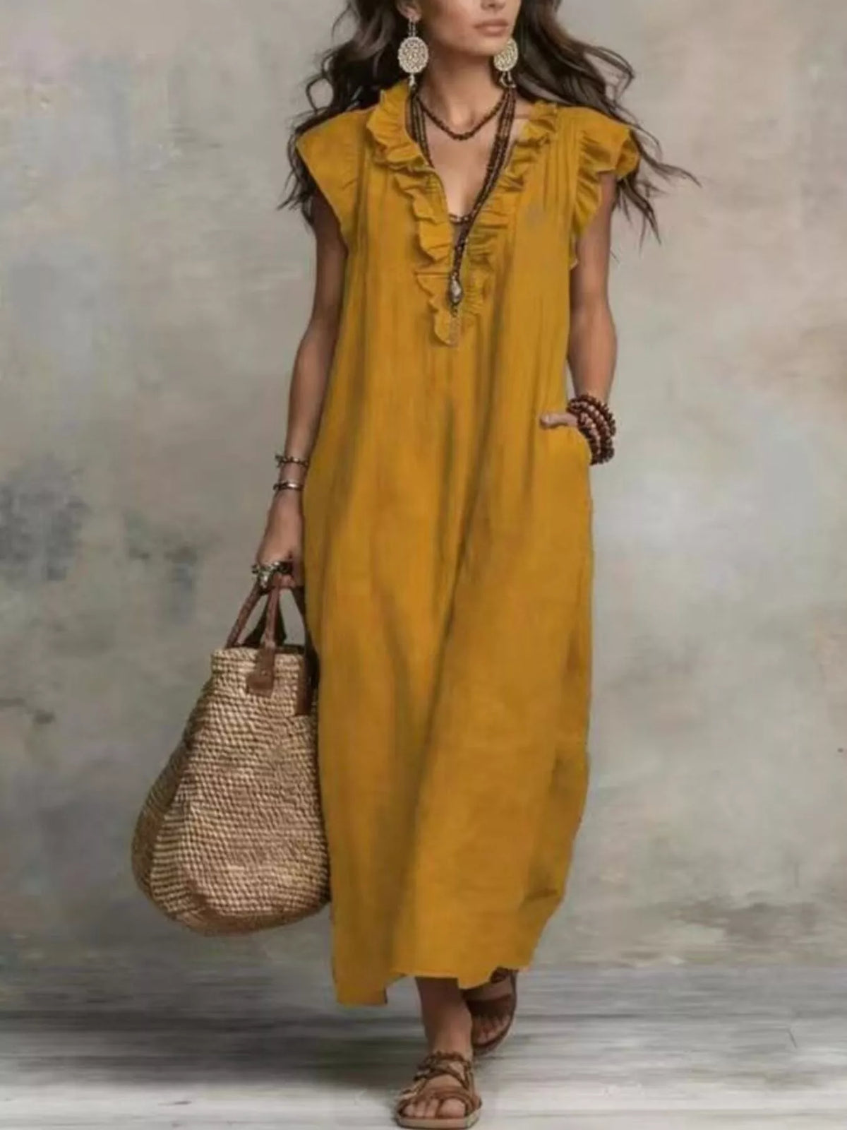 Full Size Bohemian Ruffle Neck Maxi Dress Plus (14)