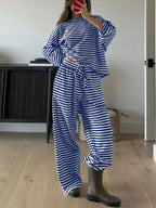 Striped Round Neck Top Pants Set (7)