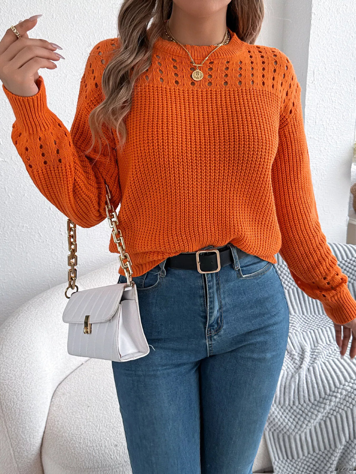 Openwork Round Neck Long Sleeve Sweater (10)