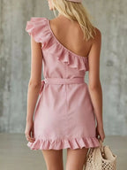 One-shoulder Ruffle Trim Wrap Dress (3)
