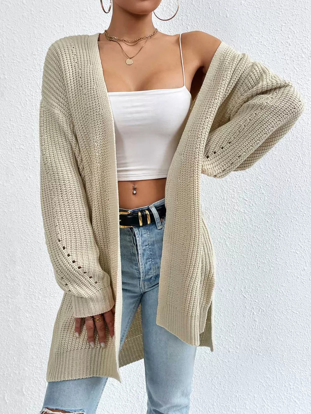 Open Front Dropped Shoulder Slit Cardigan