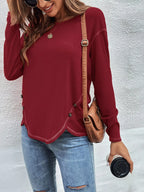 Casual Long Sleeve Exposed Seam T-shirt Decor Button (18)