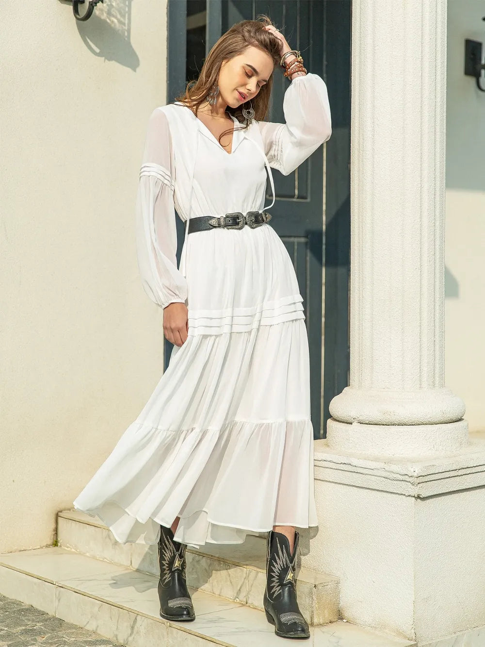 Tie Neck Long Sleeve Midi Tiered Dress (10)