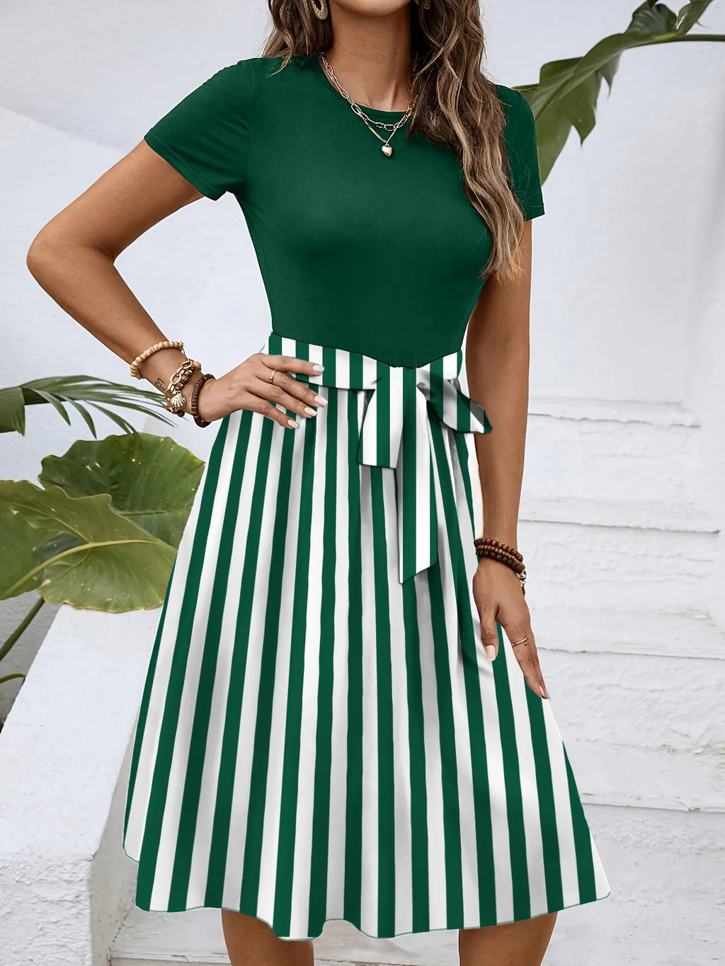Striped Round Neck Short Sleeve Dress (10)