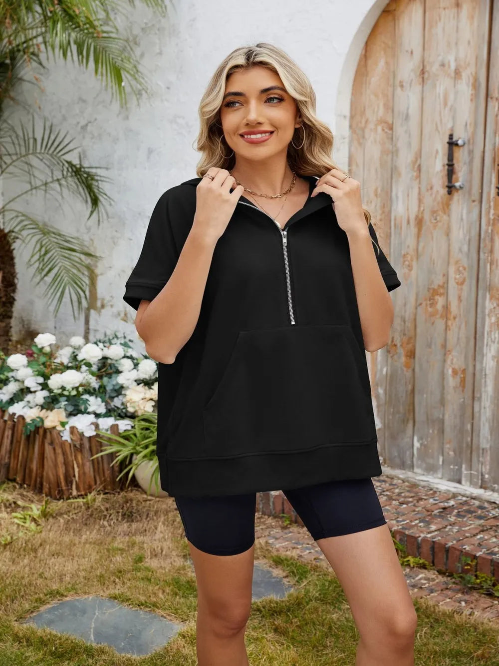 Half Zip Short Sleeve Hooded Top (19)