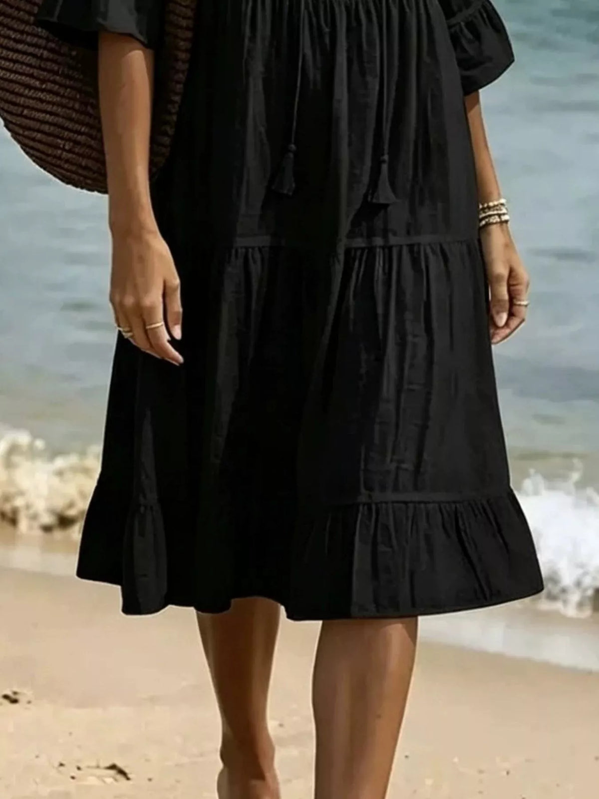 Full Size Tiered Tie Neck Flounce Sleeve Dress Plus (12)