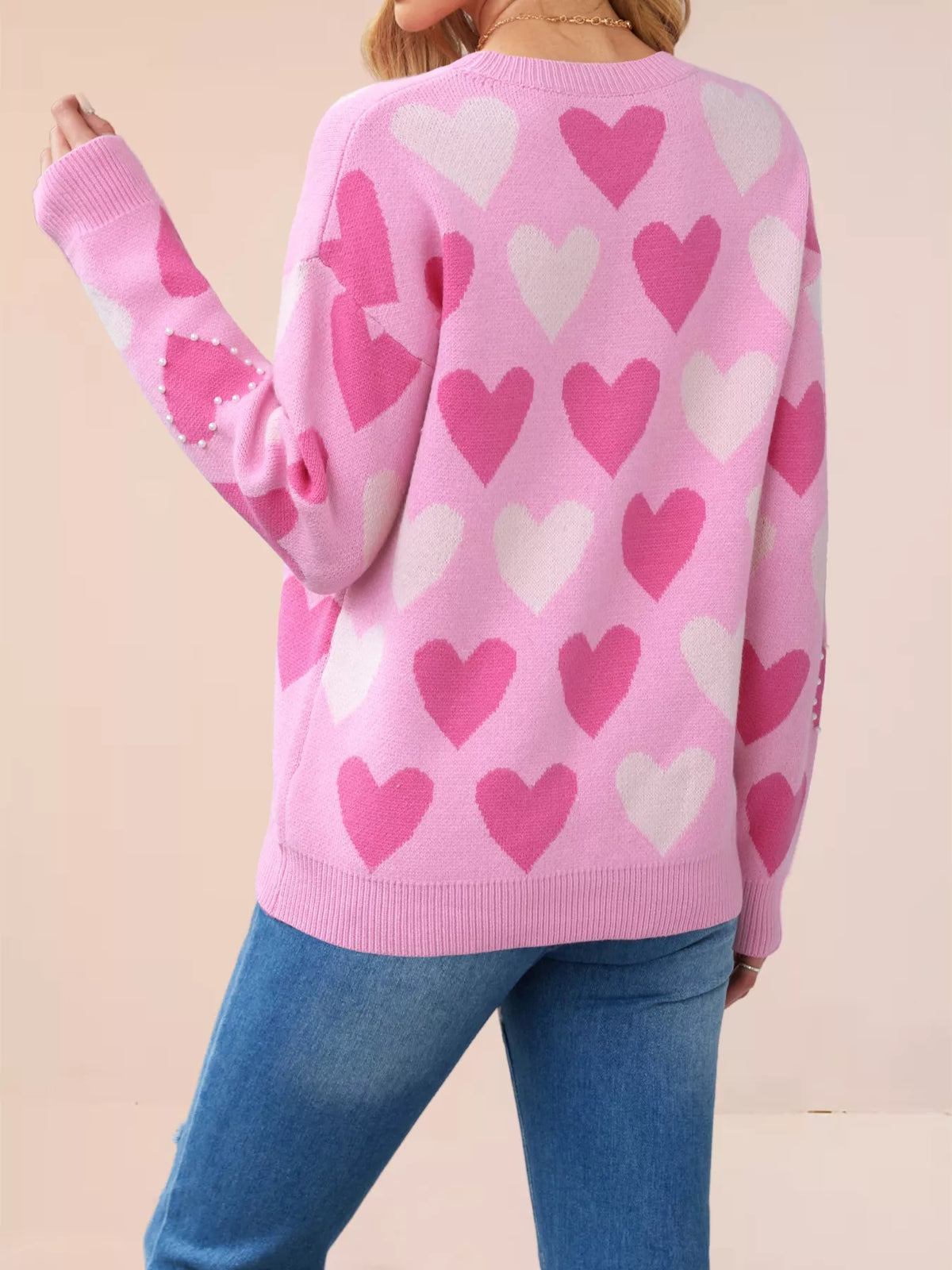 Heart Pattern Beaded Round Neck Sweater (3)