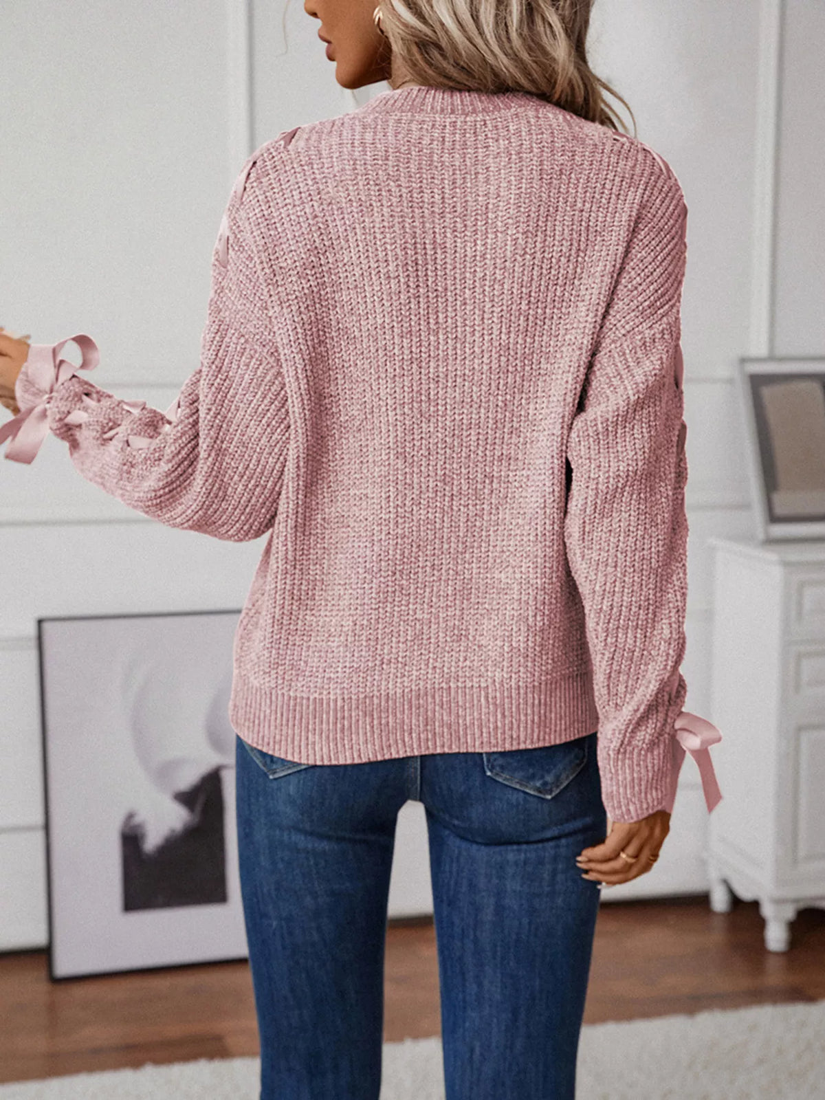 Ribbon-tie Sleeve Round Neck Sweater (12)